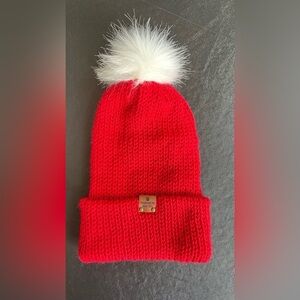 Handmade Red Knit Beanie White Pom